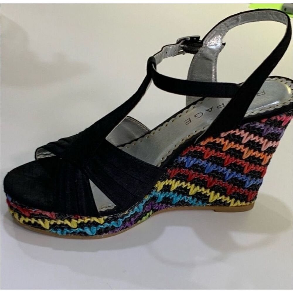 Rampage Size 8.5 Rainbow Knit Strappy Wedge Sandals Black Boho Festival Hippie